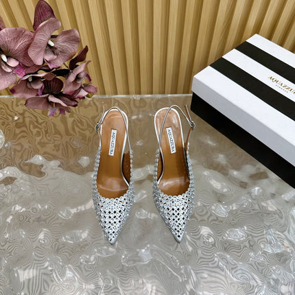 AQUAZZURA 26S SLINGBACK PUMPS 105 MM IN SILVER CALFSKIN WITH CRYSTAL
