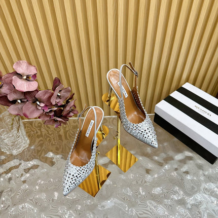 AQUAZZURA 26S SLINGBACK PUMPS 105 MM IN SILVER CALFSKIN WITH CRYSTAL