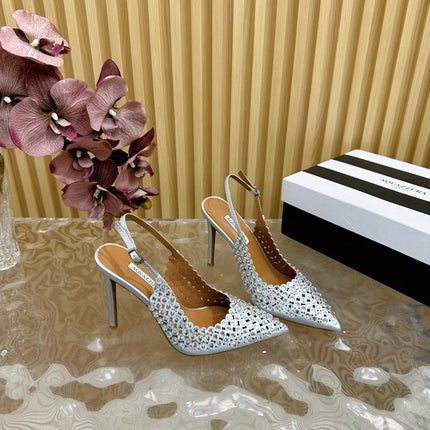 AQUAZZURA 26S SLINGBACK PUMPS 105 MM IN SILVER CALFSKIN WITH CRYSTAL