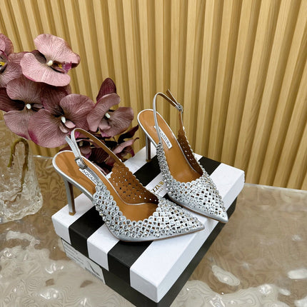 AQUAZZURA 26S SLINGBACK PUMPS 105 MM IN SILVER CALFSKIN WITH CRYSTAL