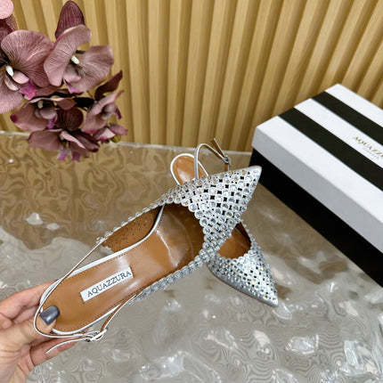 AQUAZZURA 26S SLINGBACK PUMPS 105 MM IN SILVER CALFSKIN WITH CRYSTAL