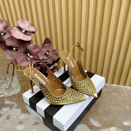 AQUAZZURA 26S SLINGBACK PUMPS 105 MM IN GOLD CALFSKIN WITH CRYSTAL