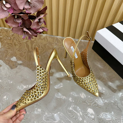 AQUAZZURA 26S SLINGBACK PUMPS 105 MM IN GOLD CALFSKIN WITH CRYSTAL