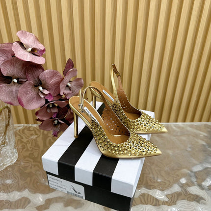 AQUAZZURA 26S SLINGBACK PUMPS 105 MM IN GOLD CALFSKIN WITH CRYSTAL