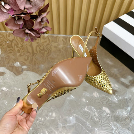 AQUAZZURA 26S SLINGBACK PUMPS 105 MM IN GOLD CALFSKIN WITH CRYSTAL