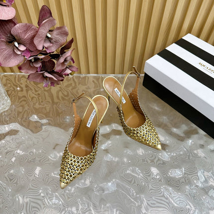 AQUAZZURA 26S SLINGBACK PUMPS 105 MM IN GOLD CALFSKIN WITH CRYSTAL