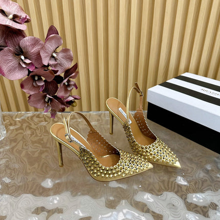 AQUAZZURA 26S SLINGBACK PUMPS 105 MM IN GOLD CALFSKIN WITH CRYSTAL