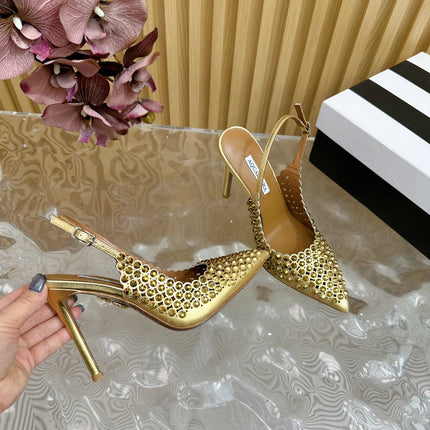 AQUAZZURA 26S SLINGBACK PUMPS 105 MM IN GOLD CALFSKIN WITH CRYSTAL