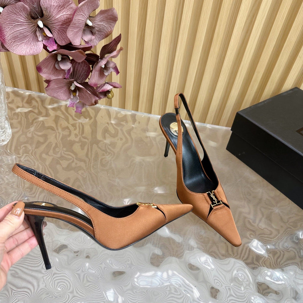 BABYLONE SLINGBACK PUMPS IN RUSTIC ORANGE SILK GOLD LOGO