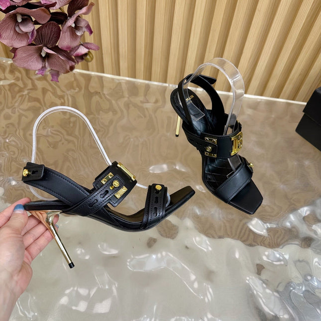 BALMAIN 25S RHINESTONE STILETTO SANDALS 95MM IN BLACK CALFSKIN