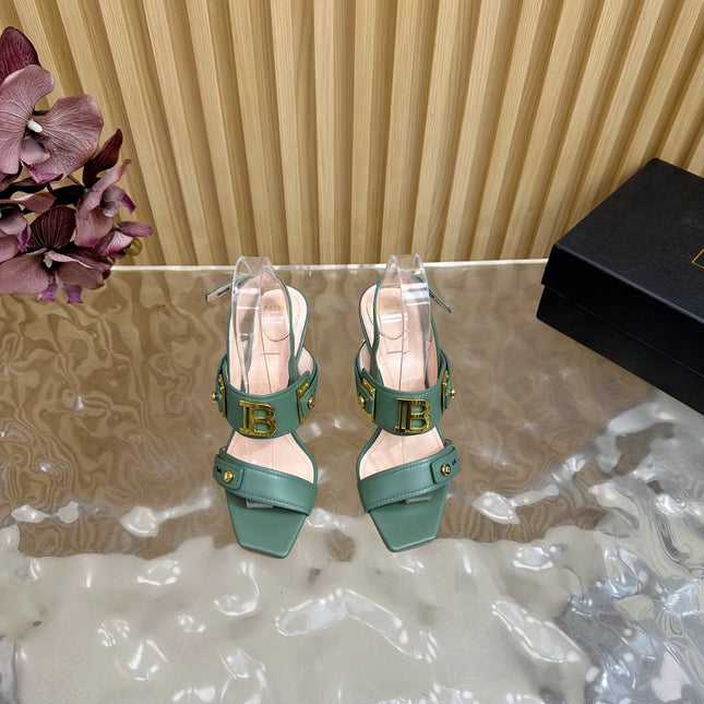 BALMAIN 25S RHINESTONE STILETTO SANDALS 95MM IN DUSTY GREEN CALFSKIN