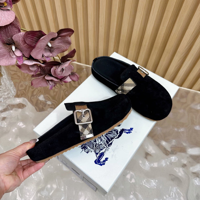 BURBERRY 26S BUCKLE MULES IN BLACK SUEDE