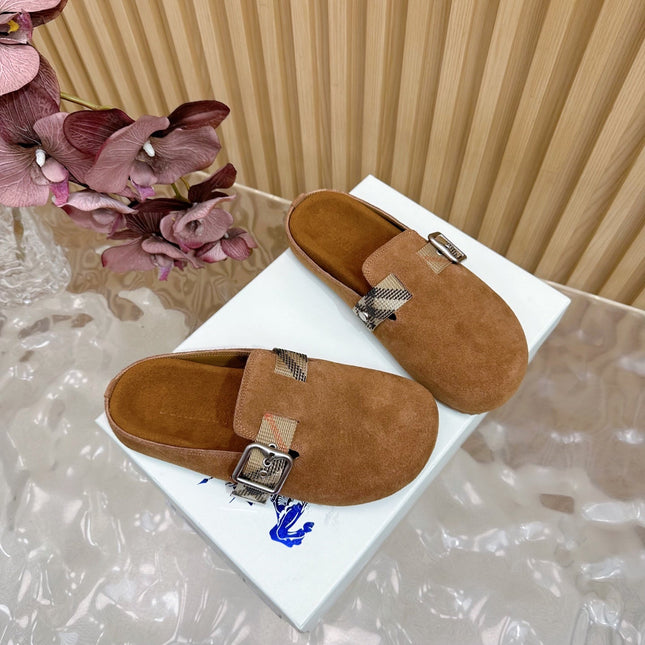 BURBERRY 26S BUCKLE MULES IN BROWN SUEDE