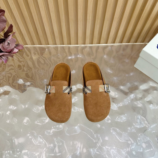 BURBERRY 26S BUCKLE MULES IN BROWN SUEDE