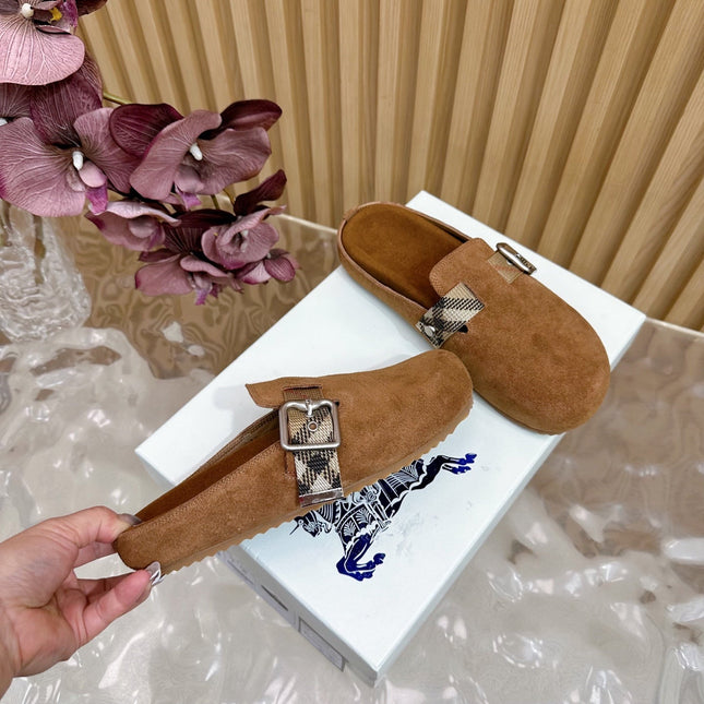BURBERRY 26S BUCKLE MULES IN BROWN SUEDE