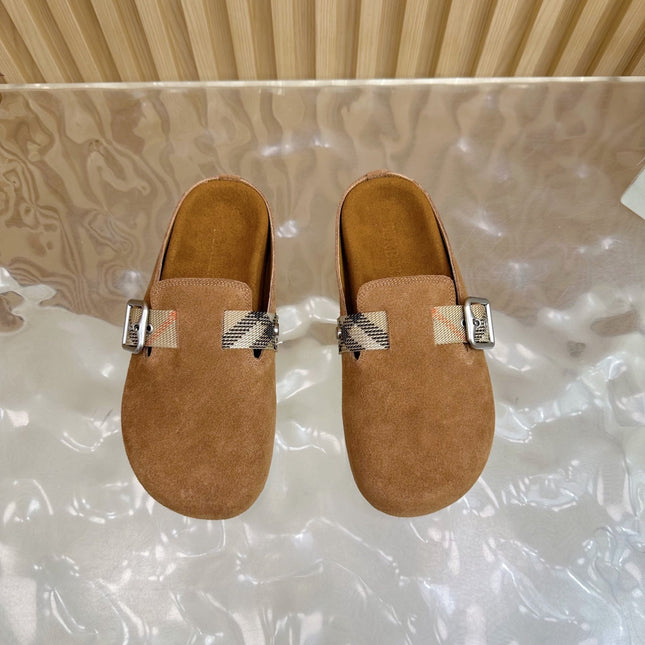 BURBERRY 26S BUCKLE MULES IN BROWN SUEDE