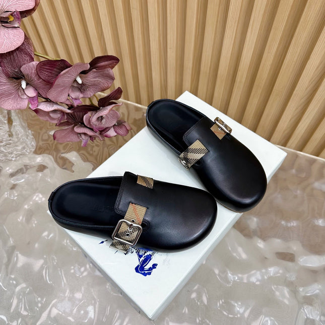 BURBERRY 26S PLAID BUCKLE MULES IN BLACK CALFSKIN