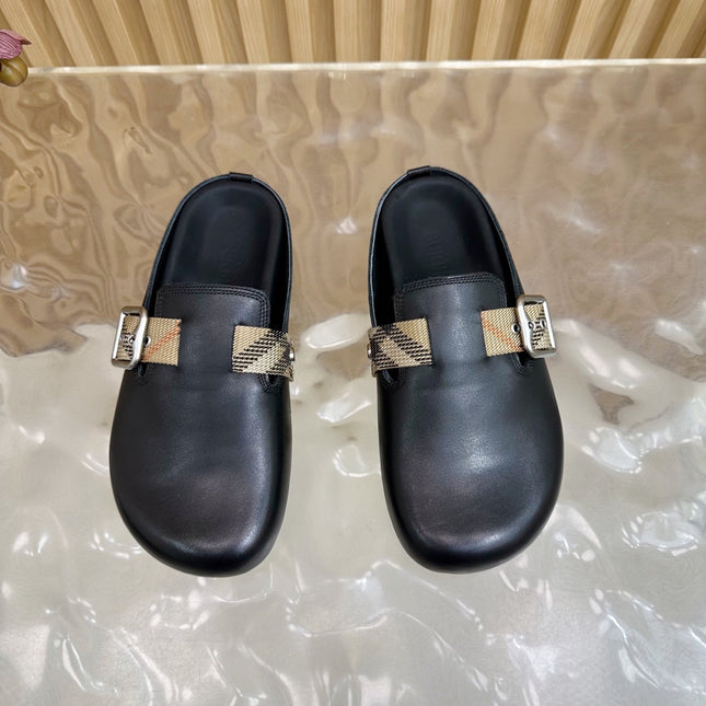 BURBERRY 26S PLAID BUCKLE MULES IN BLACK CALFSKIN