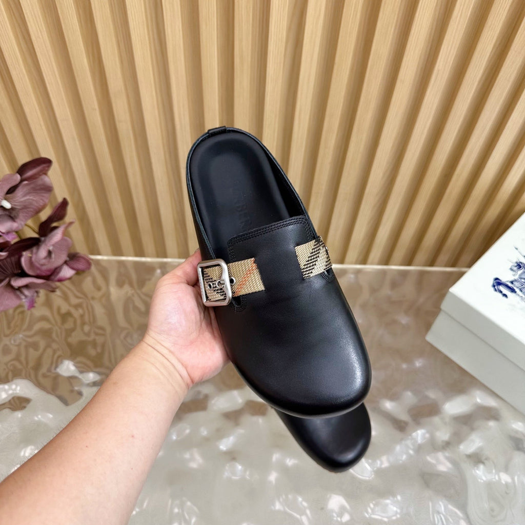 BURBERRY 26S PLAID BUCKLE MULES IN BLACK CALFSKIN