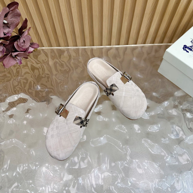 BURBERRY 26S PLAID BUCKLE MULES IN LIGHT BEIGE SUEDE