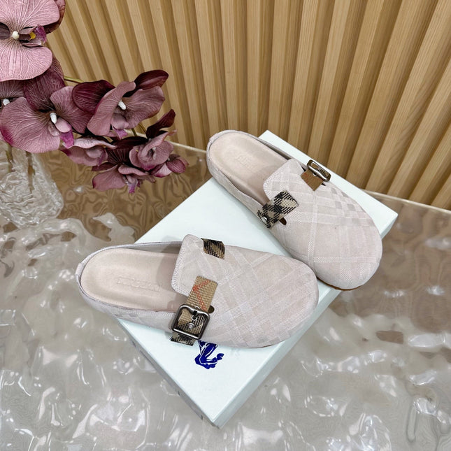 BURBERRY 26S PLAID BUCKLE MULES IN LIGHT BEIGE SUEDE