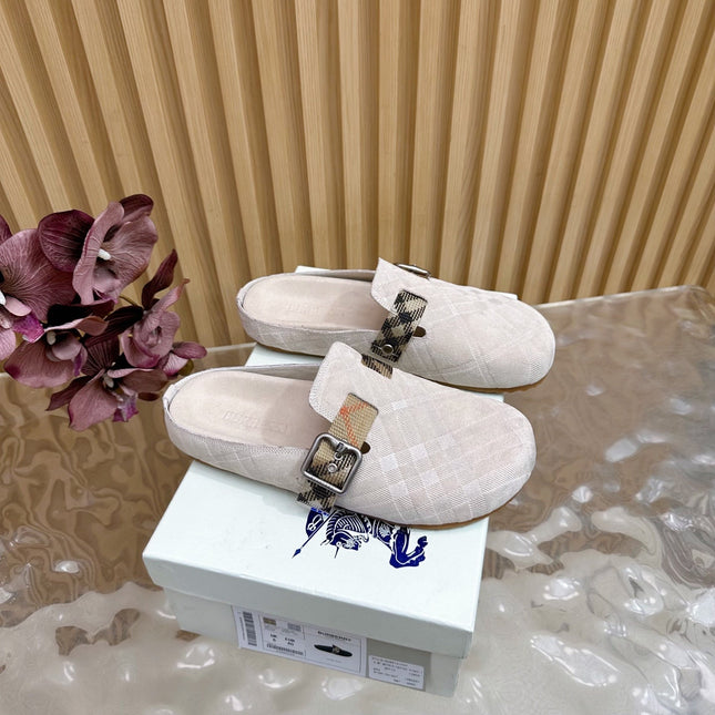 BURBERRY 26S PLAID BUCKLE MULES IN LIGHT BEIGE SUEDE