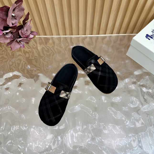 BURBERRY 26S PLAID BUCKLE MULES IN BLACK SUEDE