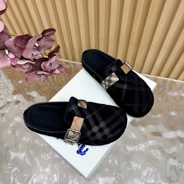 BURBERRY 26S PLAID BUCKLE MULES IN BLACK SUEDE