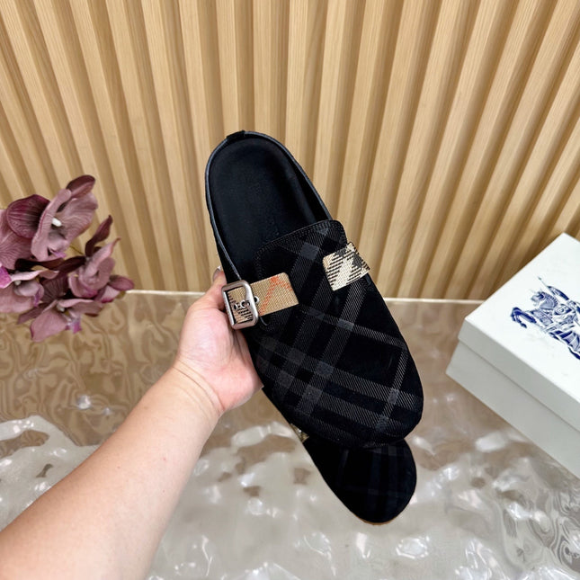 BURBERRY 26S PLAID BUCKLE MULES IN BLACK SUEDE