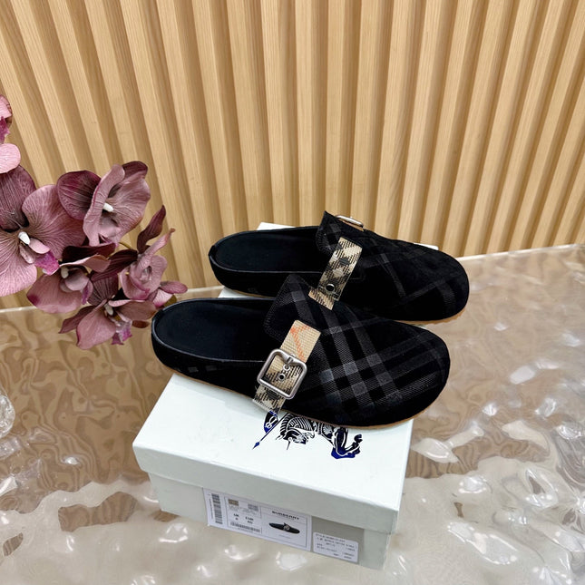 BURBERRY 26S PLAID BUCKLE MULES IN BLACK SUEDE