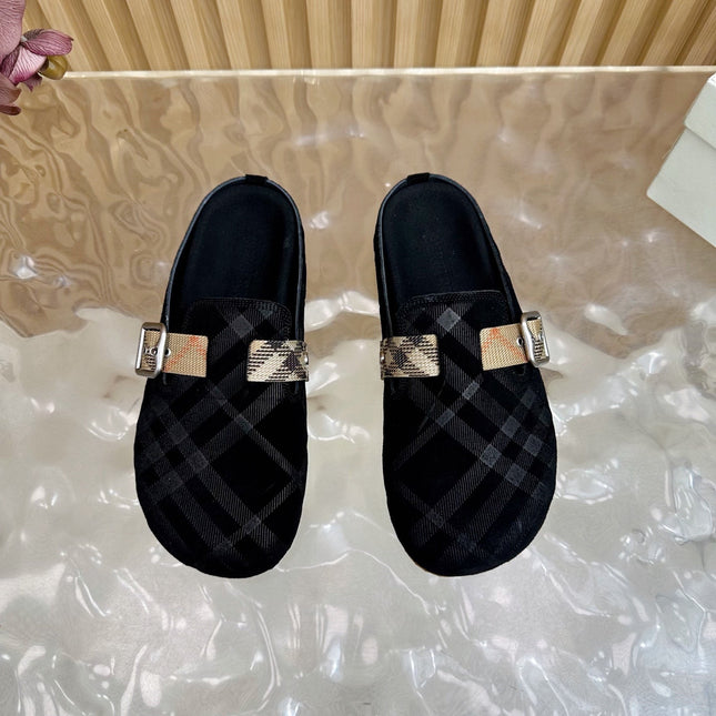 BURBERRY 26S PLAID BUCKLE MULES IN BLACK SUEDE