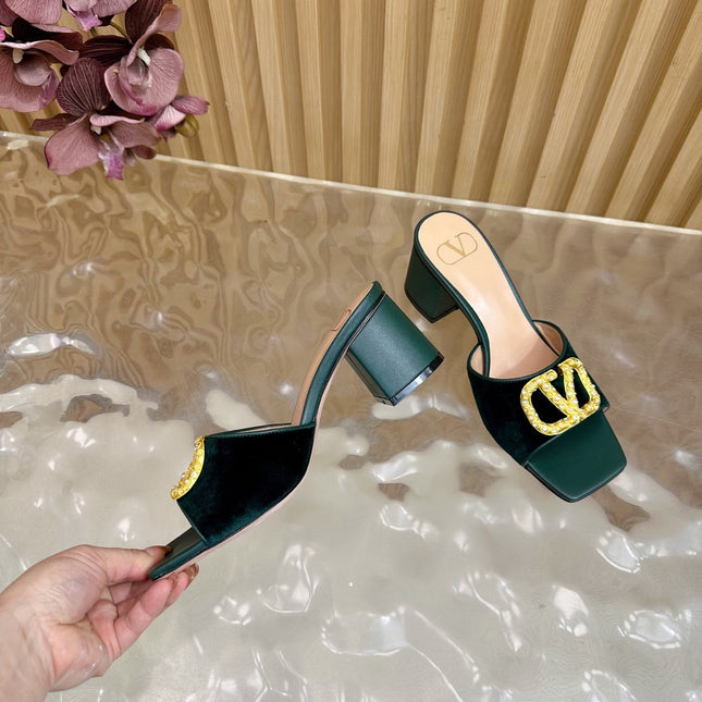 VALENTINO 25S HIGH-HEEL MULES 60 MM IN DARK GREEN VELVET AND CALFSKIN WITH GOLD HARDWARE