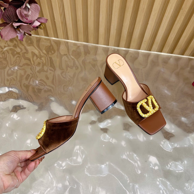 VALENTINO 25S HIGH-HEEL MULES 60 MM IN BROWN VELVET AND CALFSKIN WITH GOLD HARDWARE