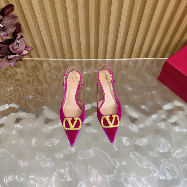 VALENTINO 25S HIGH-HEEL SLINGBACKS IN DARK PINK VELVET WITH GOLD HARDWARE