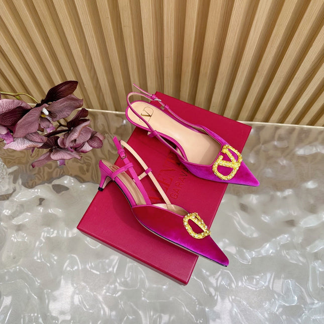 VALENTINO 25S HIGH-HEEL SLINGBACKS IN DARK PINK VELVET WITH GOLD HARDWARE