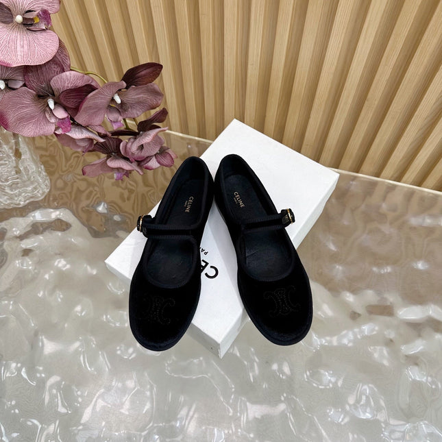 CELINE 26S MARY JANE FLATS IN BLACK VELVET