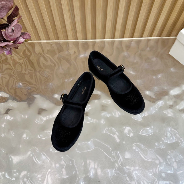 CELINE 26S MARY JANE FLATS IN BLACK VELVET