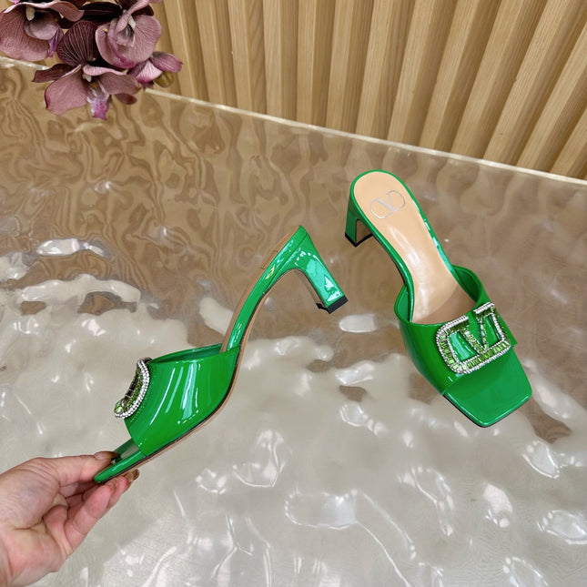 VALENTINO 25S HIGH-HEEL MULES 60 MM IN GREEN PATENT CALFSKIN WITH CRYSTAL-EMBELLISHED STRAP