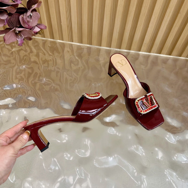 VALENTINO 25S HIGH-HEEL MULES 60 MM IN DARK RED PATENT CALFSKIN WITH CRYSTAL-EMBELLISHED STRAP