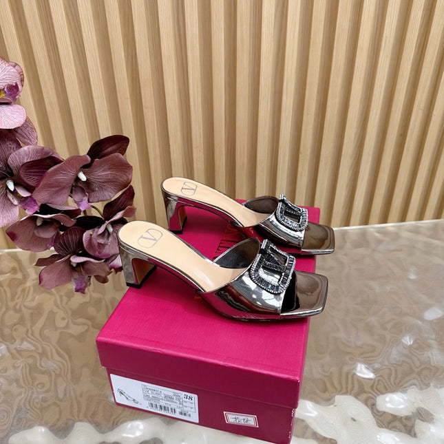 VALENTINO 25S HIGH-HEEL MULES 60 MM IN METALLIC SILVER PATENT CALFSKIN WITH CRYSTAL-EMBELLISHED STRAP