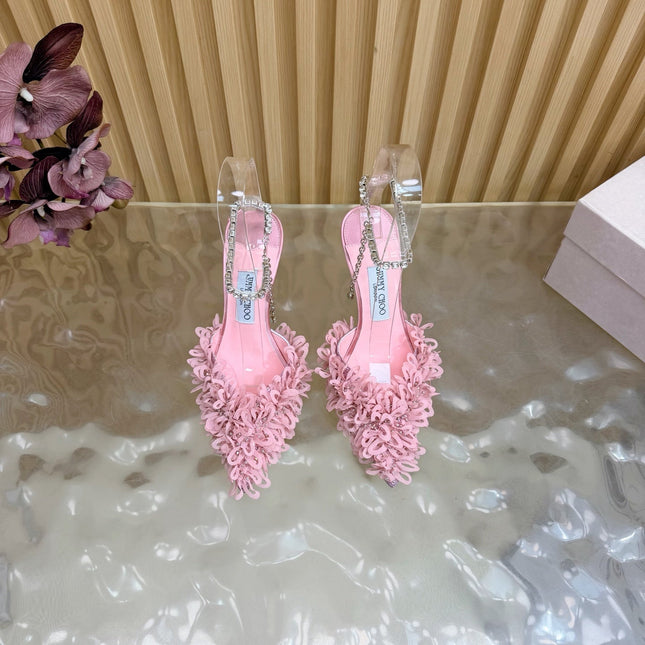 JIMMY CHOO 26S HIGH HEELS 100 MM IN PINK FABRIC AND LAMBSKIN CRYSTAL STRAPS