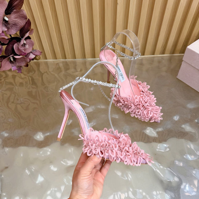 JIMMY CHOO 26S HIGH HEELS 100 MM IN PINK FABRIC AND LAMBSKIN CRYSTAL STRAPS