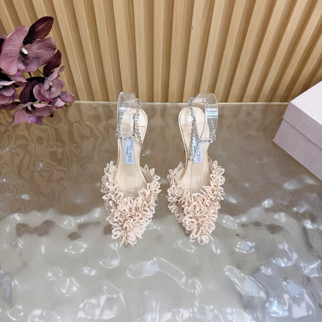 JIMMY CHOO 26S HIGH HEELS 100 MM IN NUDE PINK FABRIC AND LAMBSKIN CRYSTAL STRAPS