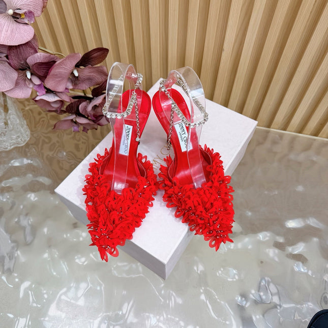 JIMMY CHOO 26S HIGH HEELS 100 MM IN RED FABRIC AND LAMBSKIN CRYSTAL STRAPS