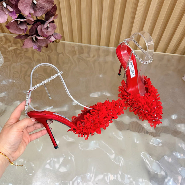 JIMMY CHOO 26S HIGH HEELS 100 MM IN RED FABRIC AND LAMBSKIN CRYSTAL STRAPS