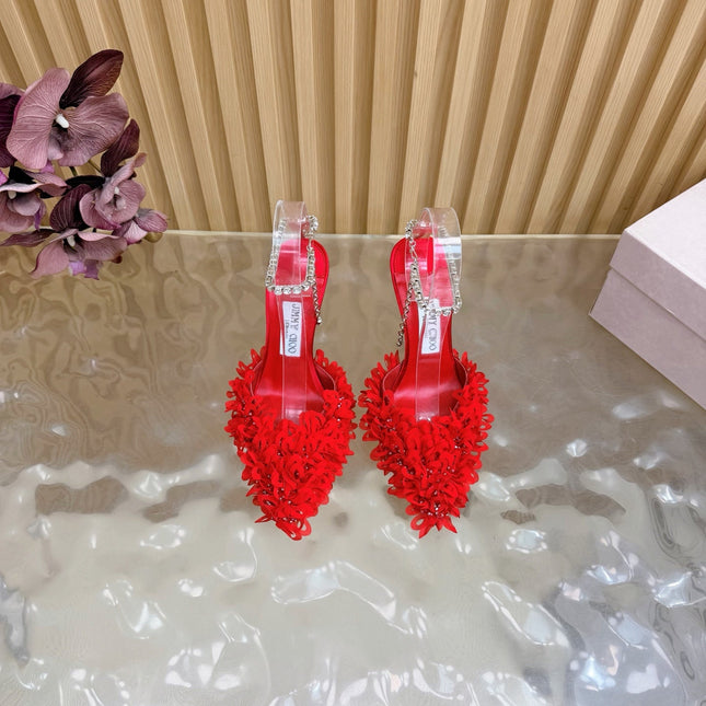 JIMMY CHOO 26S HIGH HEELS 100 MM IN RED FABRIC AND LAMBSKIN CRYSTAL STRAPS