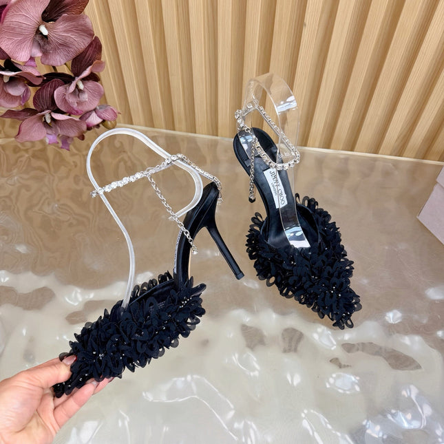 JIMMY CHOO 26S HIGH HEELS 100 MM IN BLACK FABRIC AND LAMBSKIN CRYSTAL STRAPS