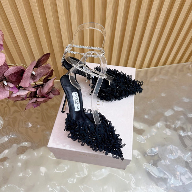JIMMY CHOO 26S HIGH HEELS 100 MM IN BLACK FABRIC AND LAMBSKIN CRYSTAL STRAPS
