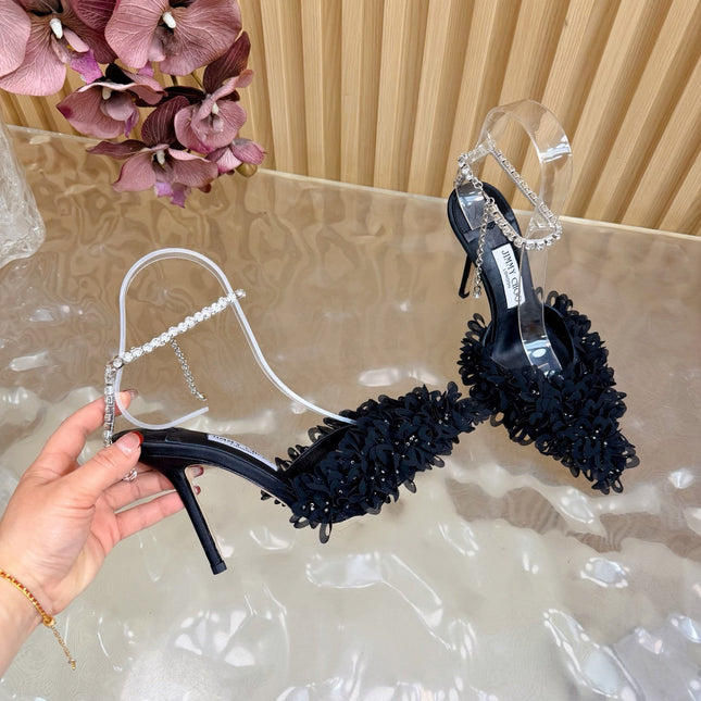 JIMMY CHOO 26S HIGH HEELS 100 MM IN BLACK FABRIC AND LAMBSKIN CRYSTAL STRAPS
