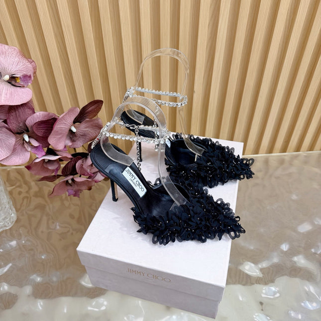 JIMMY CHOO 26S HIGH HEELS 100 MM IN BLACK FABRIC AND LAMBSKIN CRYSTAL STRAPS